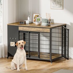 42-Inch Double Wide Wooden Double-Door Dog Crate Side Table Combo - Heavy-Duty DIY Assembly, Chew-Resistant Construction, Indoor Living Room Func (Option: 7008RUSTIC BROWN-42in)