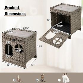 2-Tier Wicker Cat Condo with Litter Mat - Hidden Litter Box Enclosure, Detachable Washable Cushion, Gray Rattan (Option: default title)